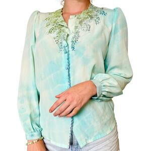 Hand Dyed Pastel Blue Reworked Vintage Blouse Embroidered Cutwork Polyester